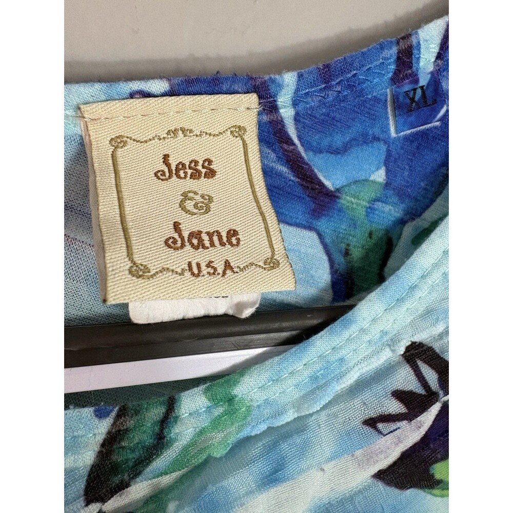 Jess & Jane XL Blue Floral Knit Tunic Top Ruffle 3/4 Sleeve Stretch Artsy Boho - Picture 5 of 10